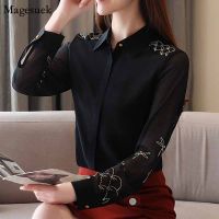 New Long Sleeve Black Silk Fashion Spring Chiffon Shirt 2020 Womens Embroidered Solid Cardigan Blouse Women Ladies Tops 8524 50