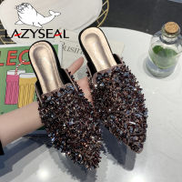 LazySeal Women Slippers Pointed Toe Crystal Flip Flops Female Luxury Half Slipper Mules Lady Outside Wear Slides Woman Slipper