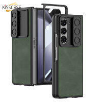 KISSCASE สำหรับ Samsung Galaxy Z Z Fold 5เคสโทรศัพท์หรูหราบางเลนส์เลื่อนฝาครอบป้องกันหน้าต่างกันกระแทก Fold5ปกหนังด้วยฟิล์มกระจกหน้า