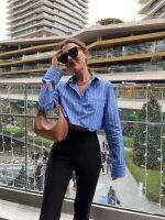 【CW】Summer Women S Two-Color Striped Lapel Single-Breasted Long-Sleeved Short Shirt Fashion High Street Commuter Style