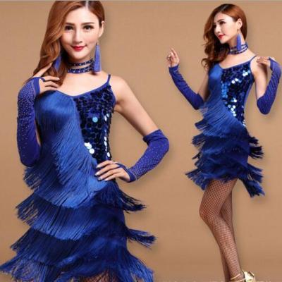 ขายดีที่สุด ioztt2023 -  Elegant Sexy Unequal Women Girls Sequin Fringe Tassel Skirt Ladies Latin Tango Ballroom Salsa Dance Dress