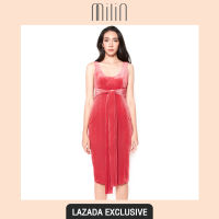 [EXCLUSIVE] [MILIN] Glittery velvet front tie ribbon scoop neck sleeveless fitted midi dress ชุดเดรส รัดรูป แขนกุด ผ้ากลิตเตอร์กำมะหยี่ ดีเทลผูกเอว Swift Dress สีเทา/ สีแดง