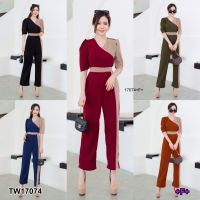 [Fashion center]  จั้มสูทแขนสั้นทูโทน ผูกเอว Two tone short sleeve jumpsuit with waist tie