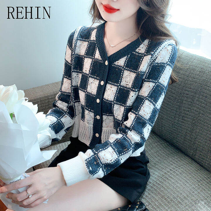 rehin-เสื้อสเวตเตอร์ถักคอวีแนววินเทจ-เสื้อผู้หญิงมาใหม่ล่าสุดทรงหลวมเย็บตกแต่งลายดอกไม้แขนยาวอเนกประสงค์