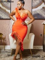 Kricesseen Sexy Solid Orange One Shoulder Irregular Midi Dress Womens Sleeveless Feather Details Birthday Clubwear Dresses