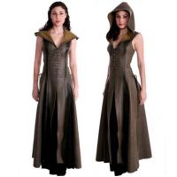 Women Archer Cosplay Costume with Hooded Faux Leather Long Dress Sleeveless Medieval Adult Halloween Costume Warrior Suit