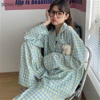 【YP】 Outono conjuntos de pijama ulzzang xadrez preppy manga longa macio adorável meninas nightwear solto na moda diário chique 2 peça das mulheres pijamas