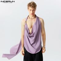 INCERUN Men Irregular Tank Tops Sleeveless V Neck Loose Fashion Male Vests Streetwear 2023 Solid Color Casual Men Clothing S-5XL