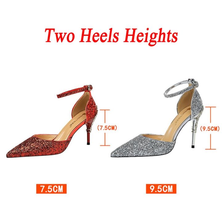รองเท้าแตะรองเท้าส้นเตี้ยผู้หญิงส้นสูง7-5ซม-9-5ซม-รองเท้าออกงานปาร์ตี้เจ้าสาวสายรัดข้อเท้าสีทองระยิบระยับ