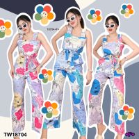 TW18704 Jumpsuit จั้มสูทสายเดี่ยว ขายาว พิมพ์ลาย ผูกเอว