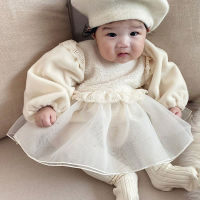 Winter Warm Infant Baptism Dress Fashion Puff Sleeves Baby Girl Bodysuit First Birthday Mesh Dress Girls Princess Jumpsuit 0-24M