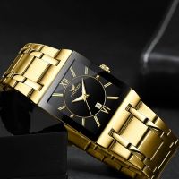 Mens Watch 2023 Simple Fashion Black Face Silver Rectangular Stainless Steel Calendar Waterproof Quartz Watch Relogio Masculino