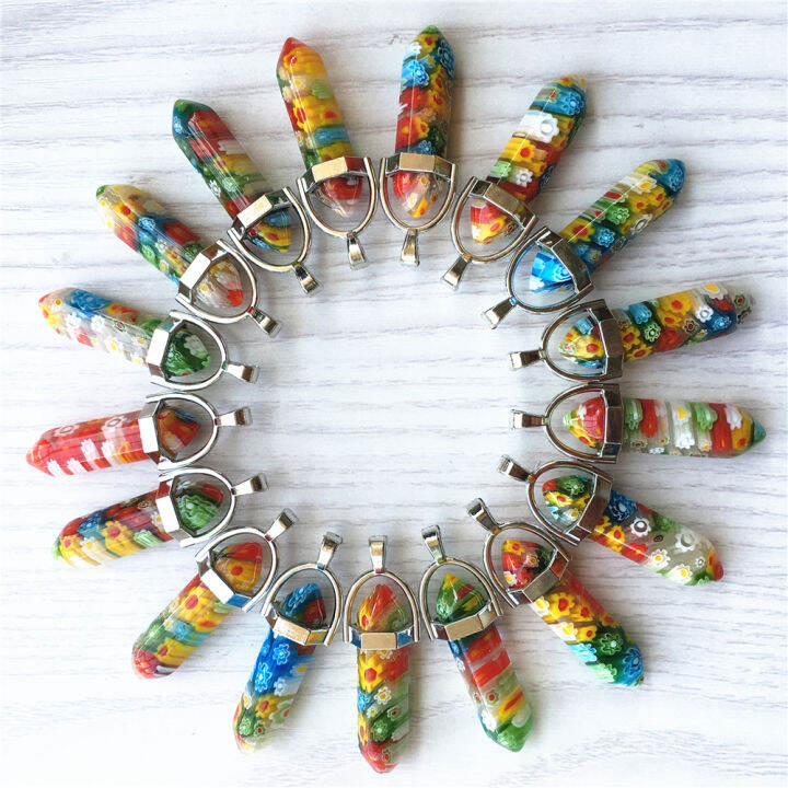 hot-thousand-flowers-glass-pillar-pendants-fashion-healing-charms-bullet-pendulum-necklace-making-accessories-wholesale-24pcs