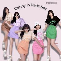 ชุดเซ็ท2ชิ้น✨Candy in paris Set✨เสื้อยืดคอกลมสีขาวพิมพ์ลาย+กระโปรงคาร์โก้ ป้ายcottoncandy