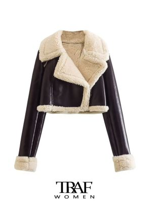 TRAF Women Fashion Thick Warm Faux Shearling Crop Jacket Coat Vintage Long Sleeve Front Zipper Female Outerwear Chic Tops