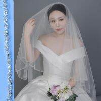 TOPQUEEN V32 Bride Veil with Crystal Rhinestone Edge Glitter Wedding Veil Cover Face 2 Tiers Bridal Veils with Comb Off White Ve Hair Accessories