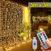 หน้าต่างรีโมทคอนโทรล LED สายไฟม่านคริสต์มาสงานแต่งงานปีใหม่8โหมดพวงไฟเทพนิยาย