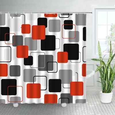 Red Black Gray Geometric Shower Curtains Square Pattern Nordic Fashion Home Chic Bathroom Decor Polyester Bath Curtain Hooks Set