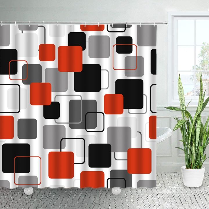 red-black-gray-geometric-shower-curtains-square-pattern-nordic-fashion-home-chic-bathroom-decor-polyester-bath-curtain-hooks-set