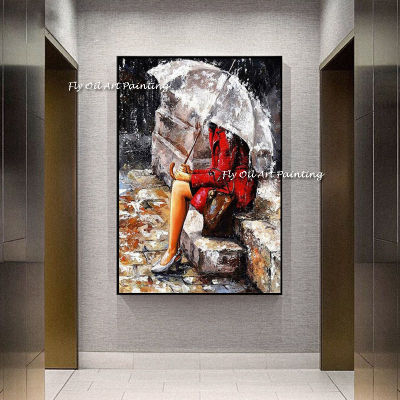 Large Size 100 Handmade Red Oil Painting Raining Coloring Woman With White Umbrella Canvas Paint Art Pictures Home Decor