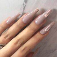 24pcs/box Long Ballet Milk Tea Pure Color Fake Nails glossy Forms for nail extension full cover Fingernails for girls