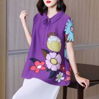 COD DSFDGDFFGHH Pleated Womens Clothing Large Size Purple POLO Collar Short Sleeve Slimmer Look Printed Loose T-Shirt Temperament Fashion Top Women TWDZ