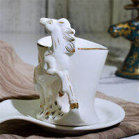 European Ceramic 3D Beautiful Embossed Gilt Horse Coffee Mug with Saucer Set Porcelain Elegant Office Teacup Creative Milk Cup