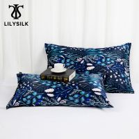 [HOT LZLLZKLKLWGH 559] LILYSILK ปลอกหมอนผ้าไหม19 Momme ภาพวาดสีฟ้า Terse ดอกไม้สีขาวที่มีสีฟ้าจัดส่งฟรี