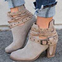 3 Colors Women Round Toe Ankle Boots Casual Vintage Suede Buckle Boots Hollow Out Thick Heel Shoes 34-43