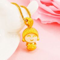 ZZOOI Real 24K Yellow Gold Color Jade Buddha Head Pendant Necklace for Women Gold Plated Chain Wedding Engagement Fine Jewelry Gift