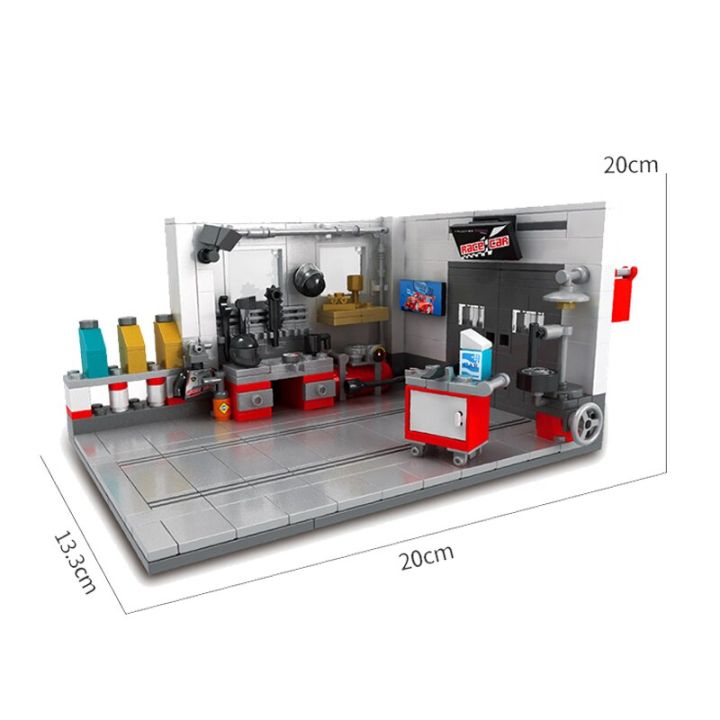 โมเดลโรงจอดรถจอดรถส่วนตัวใหม่พร้อมเครื่องมือซ่อมแซมชุดรถจำลองสำหรับใช้ในพื้นที่ของตกแต่งบล็อกตัวต่อบ้านเป็นของขวัญ