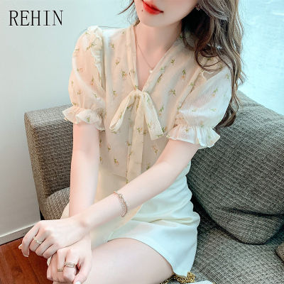 REHIN เสื้อสตรีลายดอกไม้,เสื้อคอปกผูกโบว์เสื้อแขนสั้นเข้าได้กับทุกชุดเสื้อชีฟองหรูหรา