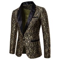 ZZOOI Luxury Gold Jacquard Floral Blazer Men 2022 Brand Mens Slim Fit Single Button Blazer Jacket Party Stage Singer Costume Homme XXL