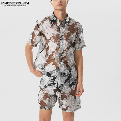 INCERUN เสื้อยืดเสื้อผ้าโปร่งพิมพ์ลายดอกไม้สำหรับผู้ชายกางเกงขาสั้นใส่เดินชายหาดสำหรับวันหยุด (สไตล์ตะวันตก)