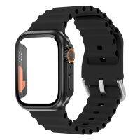 Casing PC และสายสำหรับสายคาด Apple Watch กระจก44มม. 40มม. 45มม. 41มม. + เคสเปลี่ยนเป็นอัลตร้าและสร้อยข้อมือซิลิโคน I Watch Series 7 Se 6 8