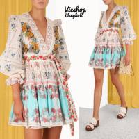 mini kimono dress มินิกิโมโนเดรสสั้น ใส่เป็นเสื้อคลุมยาวได้ ผ้าคอตตอนพิมพ์ลายดอกไม้วินเทจ คอวี แต่งลูกไม้แขนยาวผูกปรับได้ มีซับในตัว