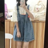 Summer High Waist Jeans Overalls Shorts Women’s Retro Suspenders Dark Overalls Simple Loose Casual Hem Jean Wide Leg Pant 2023