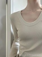 ❧๑㍿ Front shoulder thread temperament slim U-neck bottoming shirt 2023 new spring and autumn winter brushed long-sleeved T-shirt womens inner wear