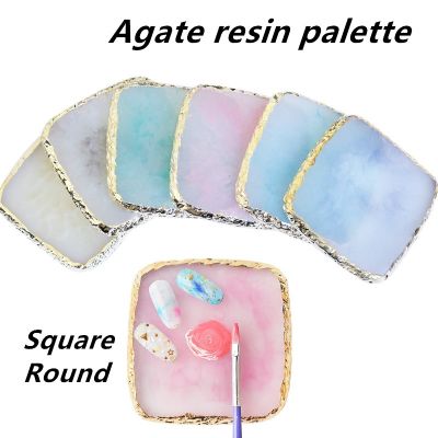 Round Resin Agate Stone Nail Art Palettes GoldTrim NailArt Gel Mixing Polish Pallet Pad Display Shelf Paint Plate Manicure Tools