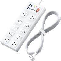 ♘ SUPERDANNY Power Strip 2800 Joules Surge Protector 10 AC Outlets and 4 USB Ports1875W/15A 5Ft Flat Plug Heavy Duty Extension