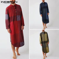 Beehoo INCERUN ชุดคลุมชุดลำลองย้อนยุคลายสก๊อตคอตั้งเสื้อแขนยาวผู้ชายผ้าฝ้าย Caftan Jubba Thobe (เสื้อผ้าลำลอง)