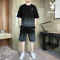 【Hot Sale】 Playboy summer suit Korean style trendy short-sleeved T-shirt five-point two-piece mens casual collocation