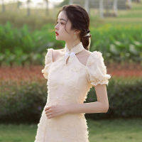 2022ฤดูร้อนใหม่ Halter Beige cheongsam เซ็กซี่ VINTAGE ผู้หญิงสั้น Slim Hollow OUT เครื่องแต่งกายแฟชั่น qipao หญิง vestido Chino