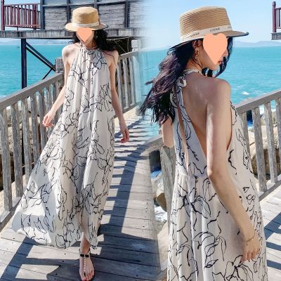 Black and white printing senior fairy elegant seaside tourist beach holiday wind hanging neck backless dress dress