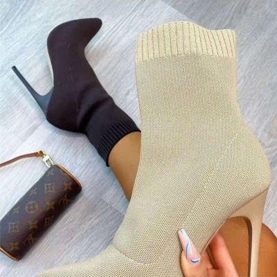 2022 Luxury Women Nude Black Stretch Fabric Sock Boots Square Toe Yarn Elastic Knitting Ankle Boots Lady Thick High Heels Shoes