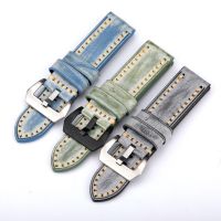 Handmade Waxed Cowhide Watchband 20 22 24MM Blue Grey Green Vintage Style Leather Strap Thickened Men celet