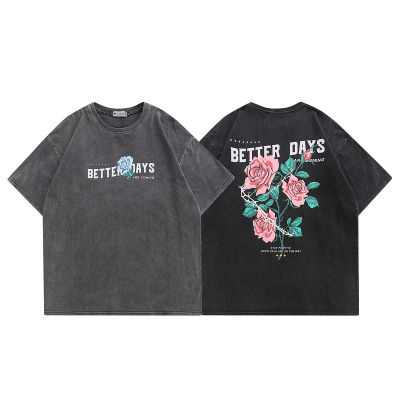 Hip Hop Men S Street เสื้อยืด Vintage Washed Floral Rose เสื้อยืด2023ผู้ชาย Harajuku ผ้าฝ้ายลำลองแขนสั้นเสื้อยืด Top