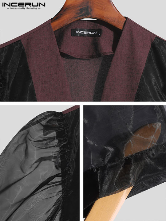 incerun-เสื้อเสื้อแจ็คเก็ตแขนพัฟสำหรับผู้ชายเสื้อครอปเปิดด้านหน้าเสื้อคาร์ดิแกนงานปาร์ตี้ดูผ่านเสื้อเชิ้ต-สไตล์ตะวันตก