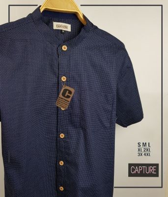 Capture Shirt เสื้อเชิ้ตผู้ชาย เชิ้ตแขนสั้น คอจีน ลายจุดไข่ปลา สีกรม มีถึงอก 48 นิ้ว