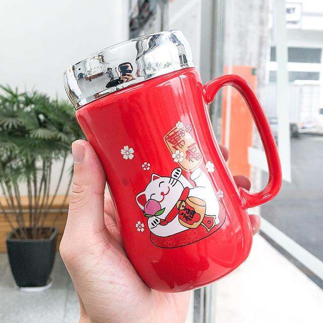 450ml-festive-lucky-cat-mirror-ceramic-mug-creative-leak-proof-mug-sealed-lid-with-handle-coffee-mug-cute-cartoon-cat-mug